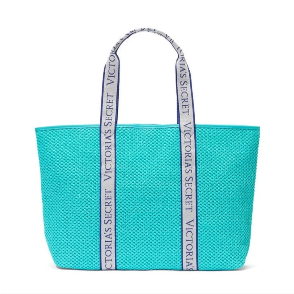 Victoria's Secret Bombshell Isle Crochet Straw Tote Bag Aqua Blue